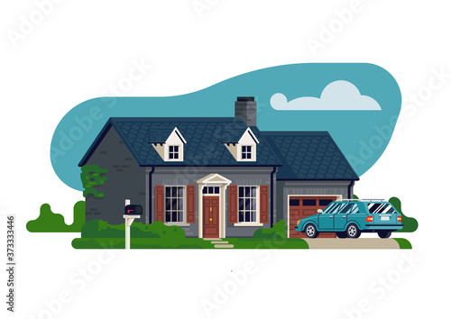 Flat vector illustration on detached family house with garage, car and mail box. Suburban residential real estate design element. Ideal for property market themed banners, social media posts, etc.