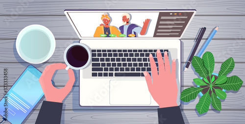 hands using laptop chatting with grandparents during virtual meeting video call family chat online communication concept workplace desk top angle view horizontal vector illustration