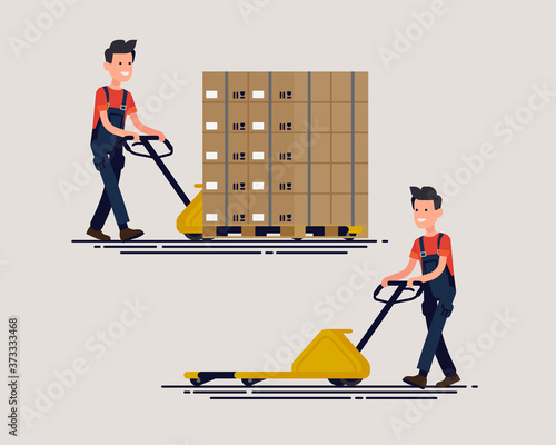 Flat design vector character of logistics specialist carrying stack of goods on pallet using pallet jack. Shipment, storage and logistics illustration