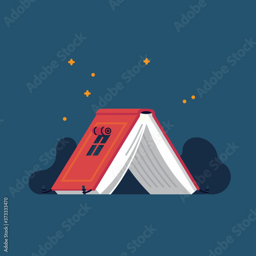 Book lovers themed illustration in minimal flat style, vector. Bookworm related figurative background with camping tent made of open book