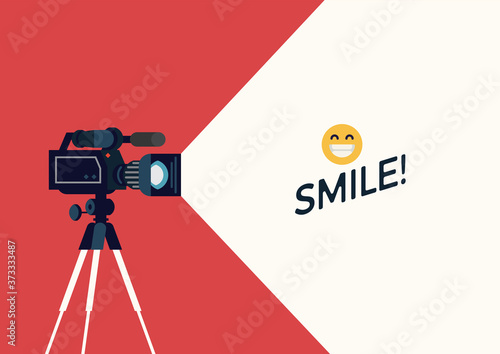 Videotaping layout. Creative vector background with camera on tripod and decorative text container. Ideal for journalism, vlogging or live streaming themed banners, flyers or social media content