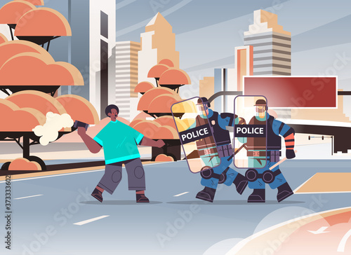 policemen in full tactical gear riot police officers attacking protester with smoke bomb during clashes demonstration protest concept cityscape full length horizontal vector illustration