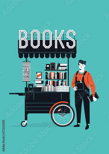 Elegant retro styled vector illustration of bookseller standing next to portable book shop stand. Small bookshop stand with secondhand books. Ideal for book themed graphic and web design