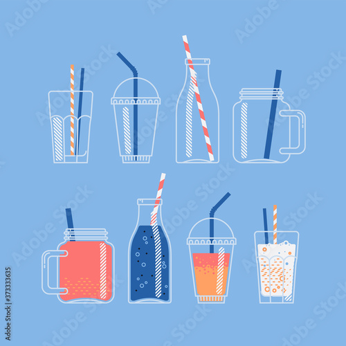 Vector set of jars, bottles and glasses for cocktail, juice or smoothie. Empty and full. Take away beverages made of fruit juices and soft drinks. Ideal for smoothie and pressed juice bar menu design