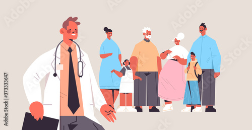 male doctor conulting multi generation family medical consultation healthcare service concept horizontal vector illustration © mast3r