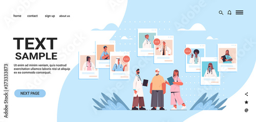 mix race doctors in web browser windows consulting senior male patient online medical consultation healthcare medicine concept horizontal copy space vector illustration