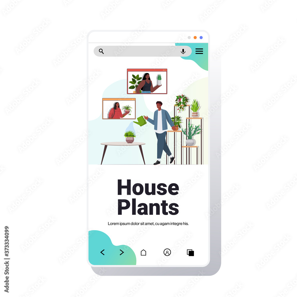 man taking care of houseplants having virtual meeting with african american girls during video call living room interior smartphone screen copy space vector illustration man taking care of houseplants having virtual meeting with african american girls during video call living room interior smartphone screen copy space vector illustration