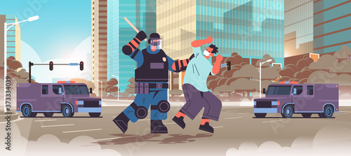 policeman in full tactical gear riot police officer attacking street protester in medical mask during clashes demonstration protest concept cityscape horizontal full length vector illustration