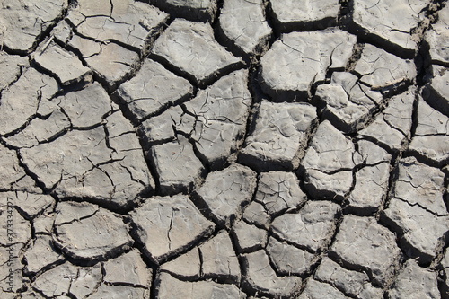 The texture of the earth's surface with cracks from drought.