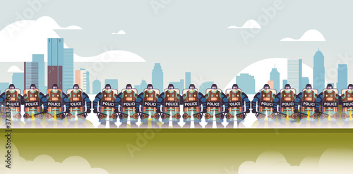 policemen with shields and batons riot police officers standing together protesters demonstrations control concept cityscape full length horizontal vector illustration