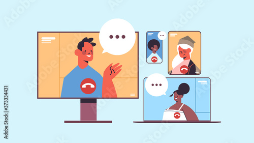 mix race people chatting during video call businesspeople using digital gadgets online conference meeting communication concept horizontal portrait vector illustration