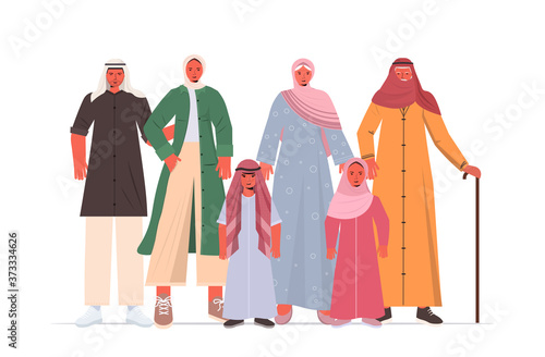 arab multi generation family in traditional clothes happy grandparents parents and children standing together full length horizontal vector illustration