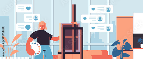 female blogger artist painting girl recording online video blog live streaming blogging vlog popularity concept workshop art studio interior horizontal portrait vector illustration