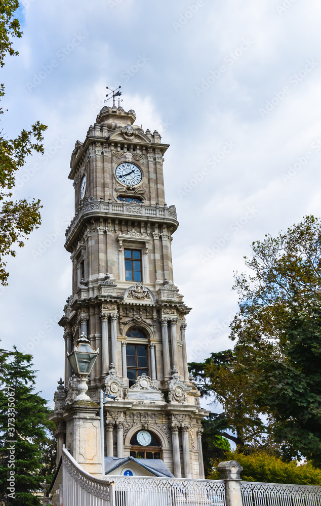 Istanbul, Turkey - October 16, 2018. Clock tower and thermometer Dolmabahche Palace