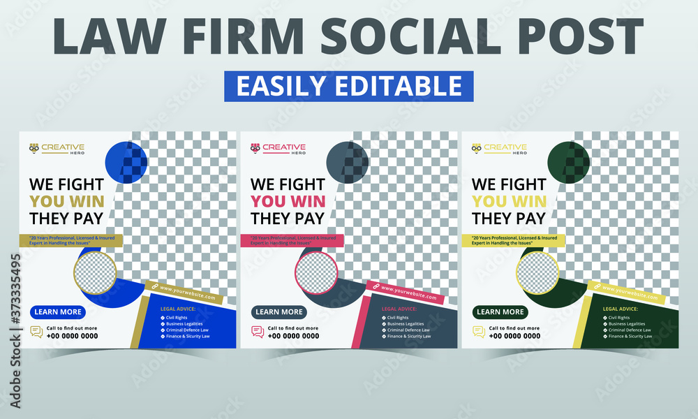 Law firm social media post layout banner templates premium vector sets digital marketing for lawyers. Modern geometric legal square promo social media timeline advertising kit style elements.