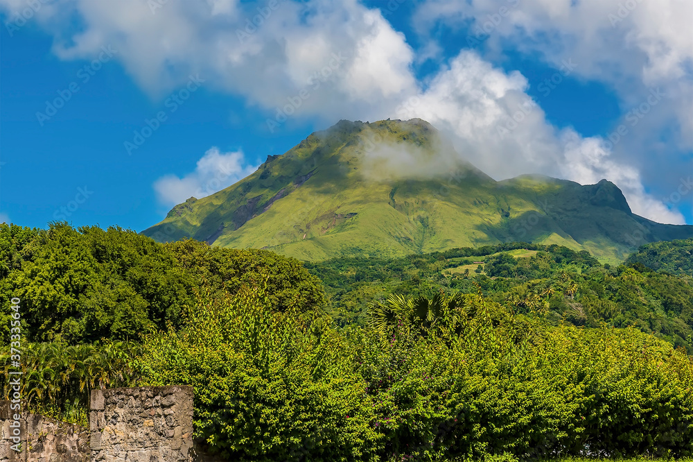 A view from the foothills looking up to the volcano, Mount Pelee in Martinique