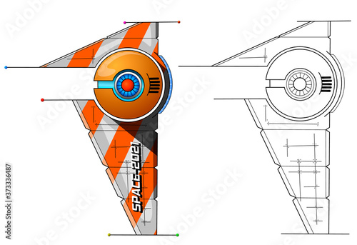 Vector illustration of a fantastic invented spaceship, on a white background © rosasto