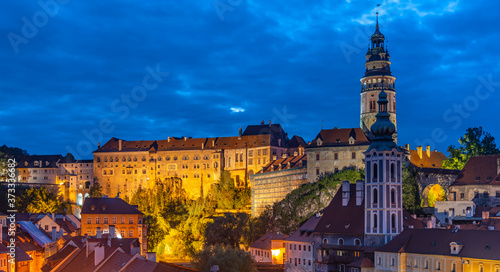 Cesky Krumlov by night. View of castle and old town houses, Czech Republic. UNESCO World Heritage Site
