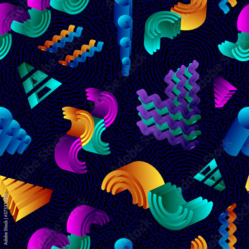80s Memphis Style Seamless Pattern with Colourful 3D Shapes and Turing Pattern