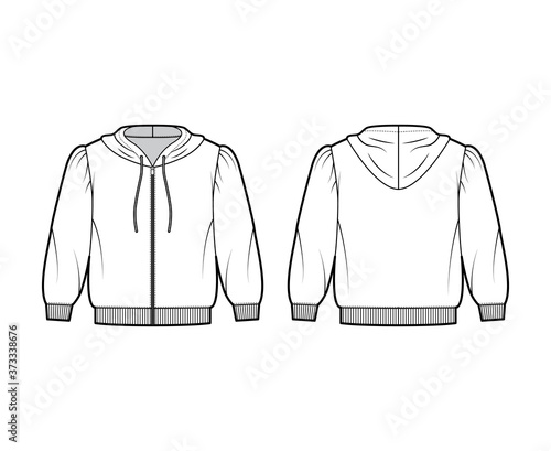 Zip-up cropped cotton-jersey hoodie technical fashion illustration with puffed shoulders, elbow sleeves, ribbed trims. Flat jumper template front back white color. Women men unisex sweatshirt top