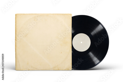 Paper cover and vinyl LP record isolated on white. photo