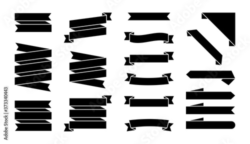 Set of black ribbons banners isolated on white background. Illustration set of black tape. Collection flags, decorative elements, labels and streamers. photo