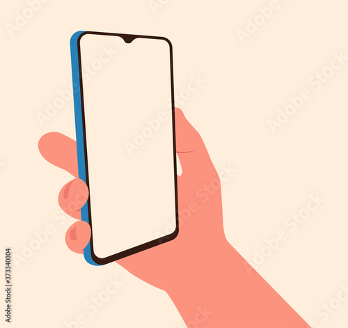 Hand holding vertically smartphone in isometric isolated. Mobile gaming concept