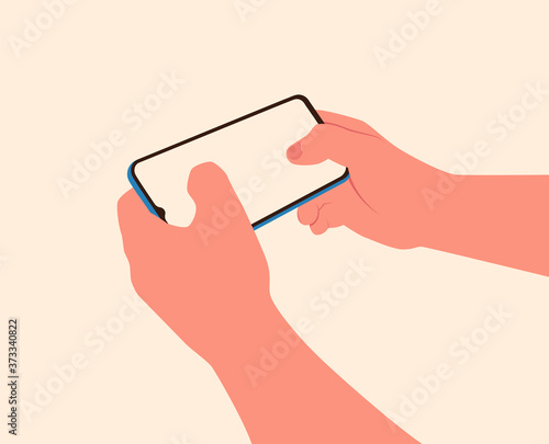 Two hands holding horizontally smartphone in isometric isolated. Mobile gaming concept