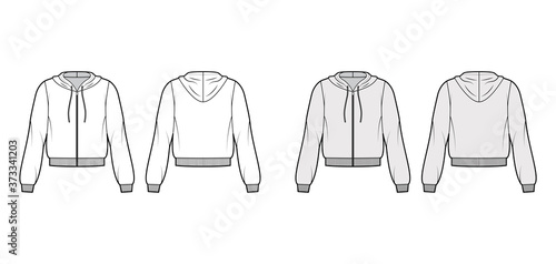 Zip-up cotton-fleece hoodie technical fashion illustration with relaxed fit, long sleeves, ribbed trims. Flat jumper apparel template front, back, white grey color. Women men unisex sweatshirt top CAD