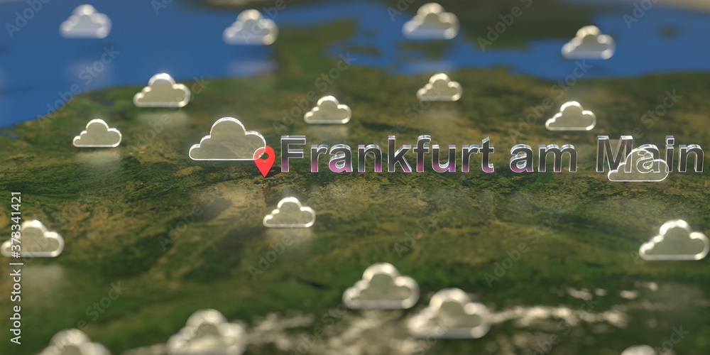 Cloudy weather icons near Frankfurt am main city on the map, weather forecast related 3D rendering Cloudy weather icons near Frankfurt am main city on the map, weather forecast related 3D rendering