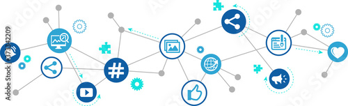 Social media management vector illustration. Concept with connected icons related to social media, social network, marketing, branding and audience communication strategy.