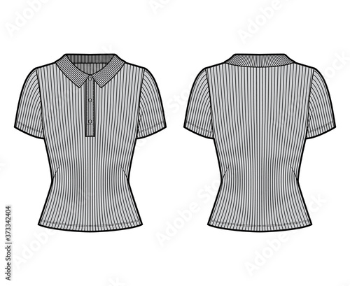 Ribbed cotton-jersey polo shirt technical fashion illustration with short sleeves, buttons along the front, slim fit. Flat top apparel template front, back grey color. Women men unisex knit CAD mockup