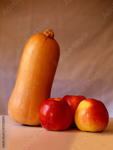 pumpkin and tree apples on rutic background photo