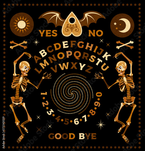 Ouija Board With Skeletons. Occultism Set. Vector Illustration.