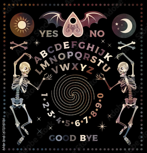 Ouija Board With Skeletons. Occultism Set. Vector Illustration.