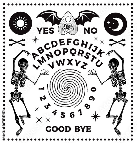 Ouija Board With Skeletons. Occultism Set. Vector Illustration.