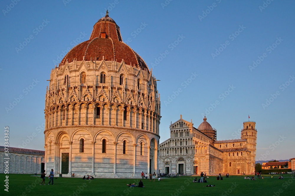 Piazza dei Miracoli known as Piazza del Duomo, famous UNESCO World Heritage Site with the Baptistery the Duomo Pisa Cathedral and the Leaning Tower of Pisa in Pisa, Tuscany, Italy