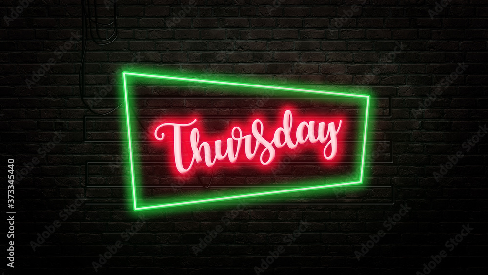 Obraz premium Thursday sign emblem in neon style on brick wall background
