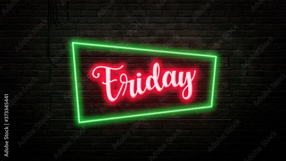 Obraz premium Friday sign emblem in neon style on brick wall background