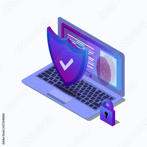 Cybersecurity isometric icon, data security concept, protected computer network, shield with laptop, safety cloud computing, data processing system, vector EPS