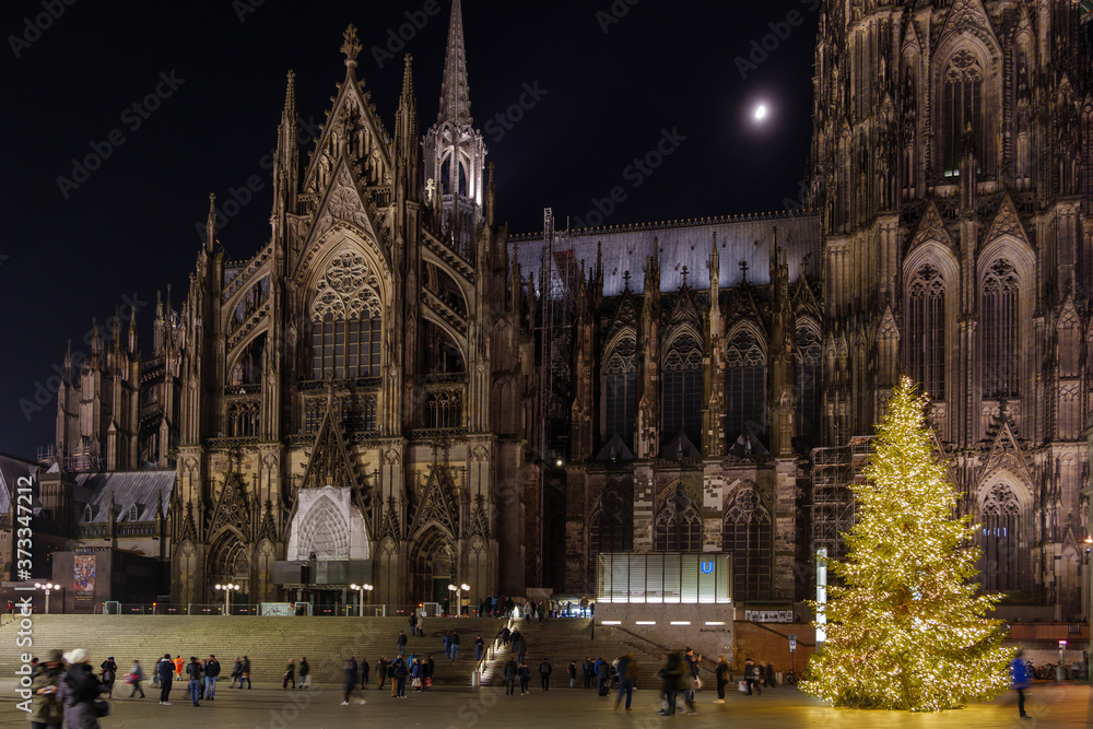Night scenery of Cologne Cathedral and Christmas tree with decorated lights at Bahnhofsvorplatz, plaza in front of Köln Train station in Cologne, Germany.