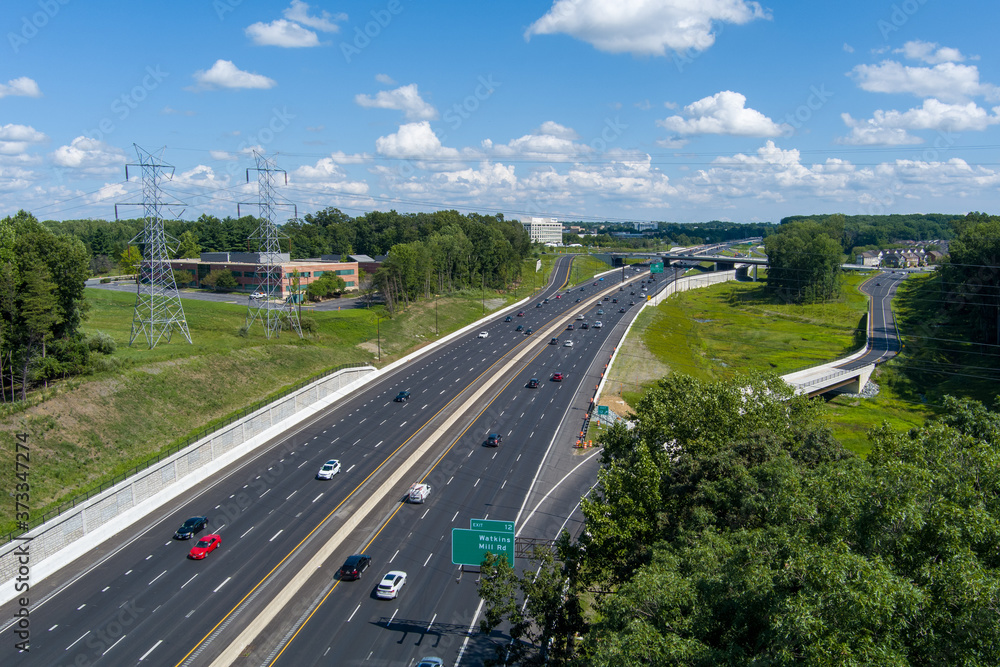 Aerial view of Interstate 270 at the Watkins Mill Road interchange in Gaithersburg, Montgomery County, Maryland.