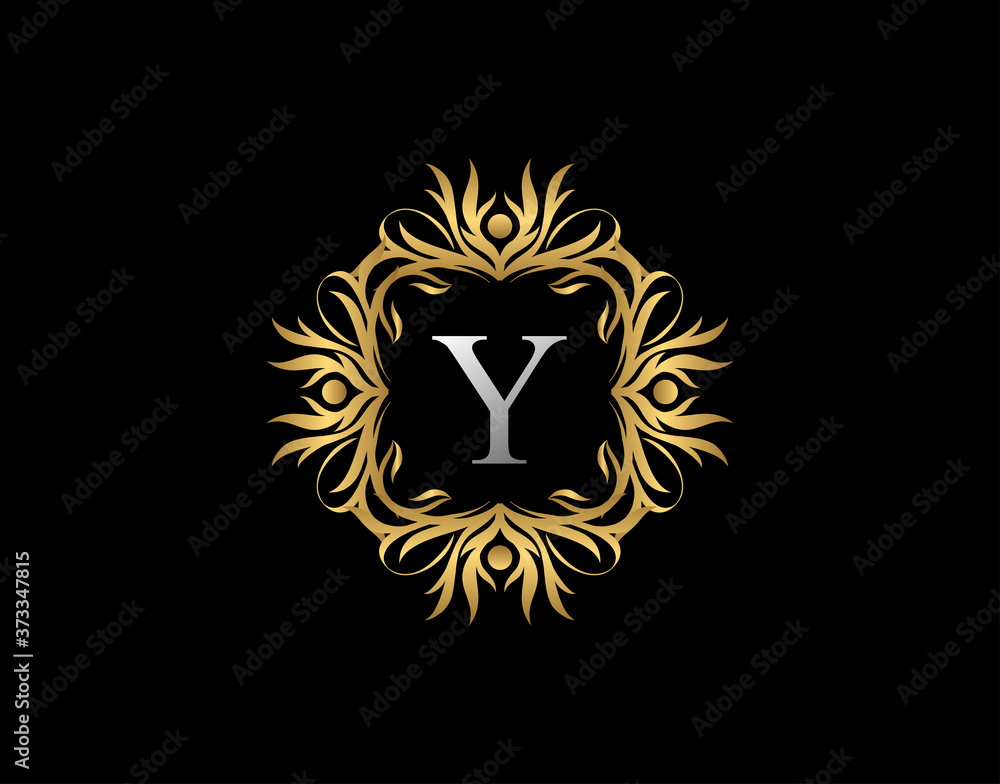 Callygraphic Badge Y Letter Logo. Luxury Gold vintage emblem with beautiful classy floral ornament. Vintage Frame design Vector illustration.