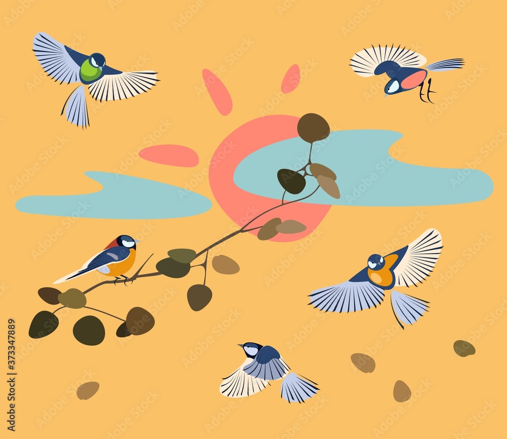 Fototapeta premium Abstract vector illustration. Horizontal card with five birds on a branch. Orange Background. Autumn leaves background.