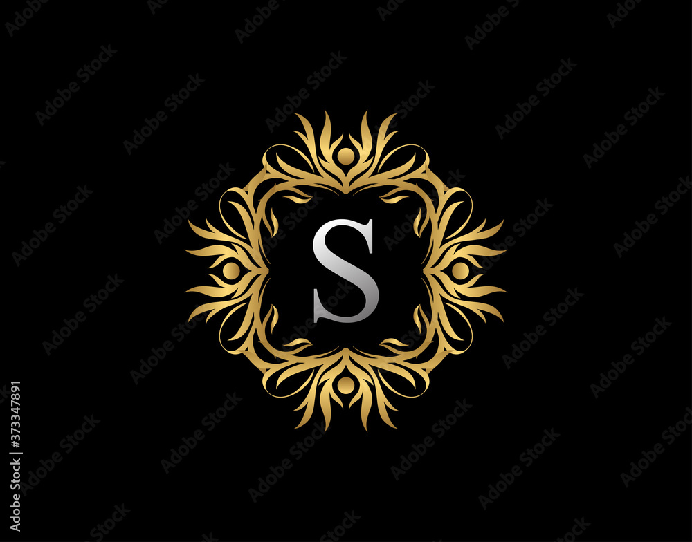 Naklejka premium Callygraphic Badge S Letter Logo. Luxury Gold vintage emblem with beautiful classy floral ornament. Vintage Frame design Vector illustration.