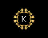 Callygraphic Badge K Letter Logo. Luxury Gold vintage emblem with beautiful classy floral ornament. Vintage Frame design Vector illustration.