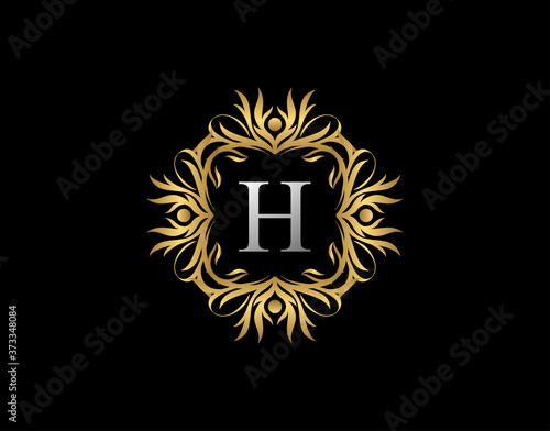 Callygraphic Badge H Letter Logo. Luxury Gold vintage emblem with beautiful classy floral ornament. Vintage Frame design Vector illustration.