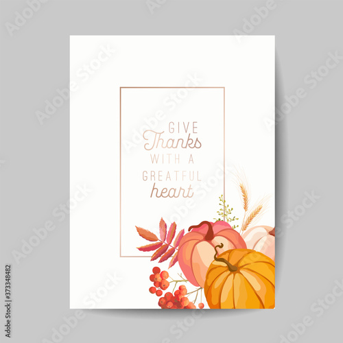 Thanksgiving day greeting, invitation card, flyer, banner, poster template. Autumn pumpkin, flower, leaves, floral design elements. Vector illustration