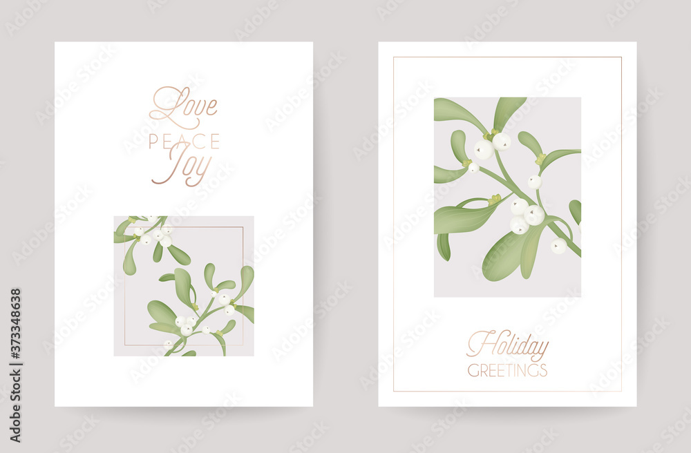 Winter Christmas Floral Mistletoe Greeting Card. Retro Background, Design Template for Holiday Season Celebration with Rose Gold Decoration New Year brochure in vector