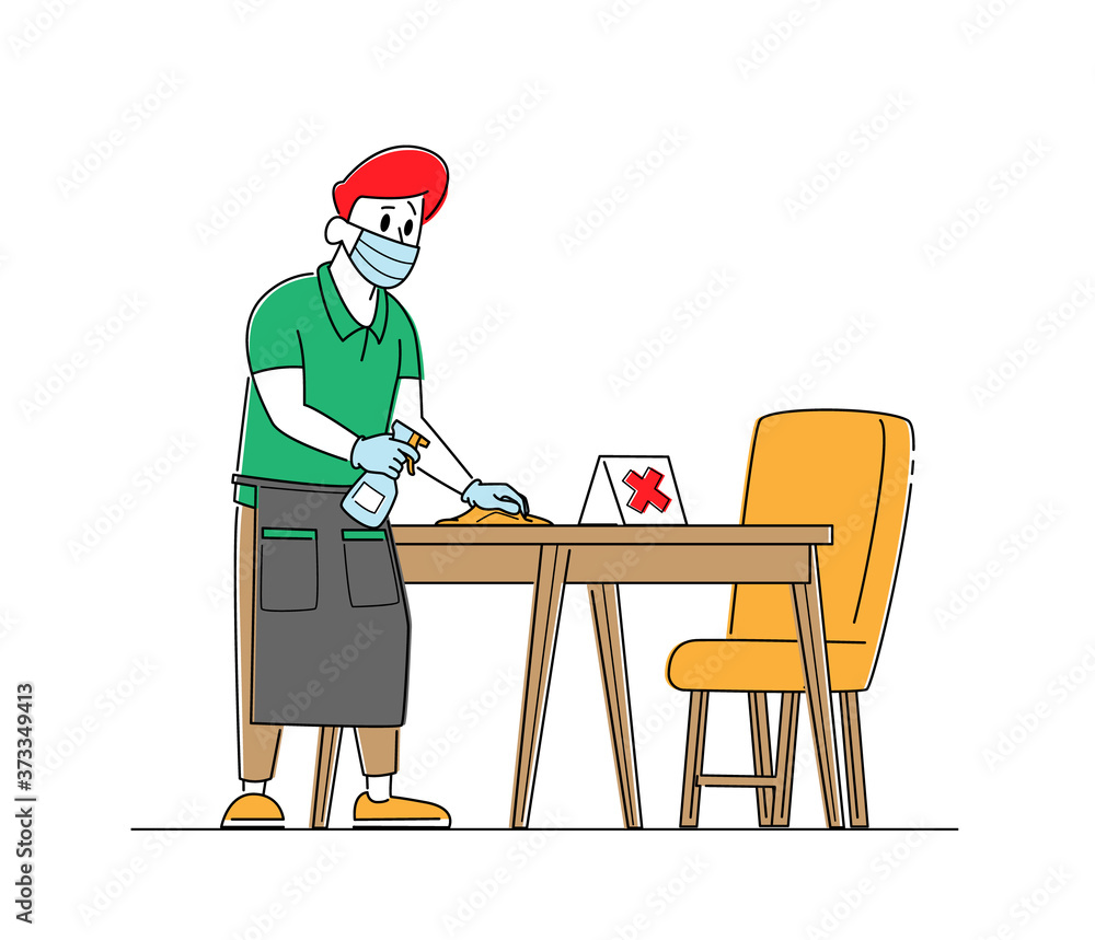 Waiter in Protective Face Mask and Gloves Disinfecting Tables at Cafe or Restaurant. Hospitality Service at Coronavirus Waiter in Protective Face Mask and Gloves Disinfecting Tables at Cafe or Restaurant. Hospitality Service at Coronavirus